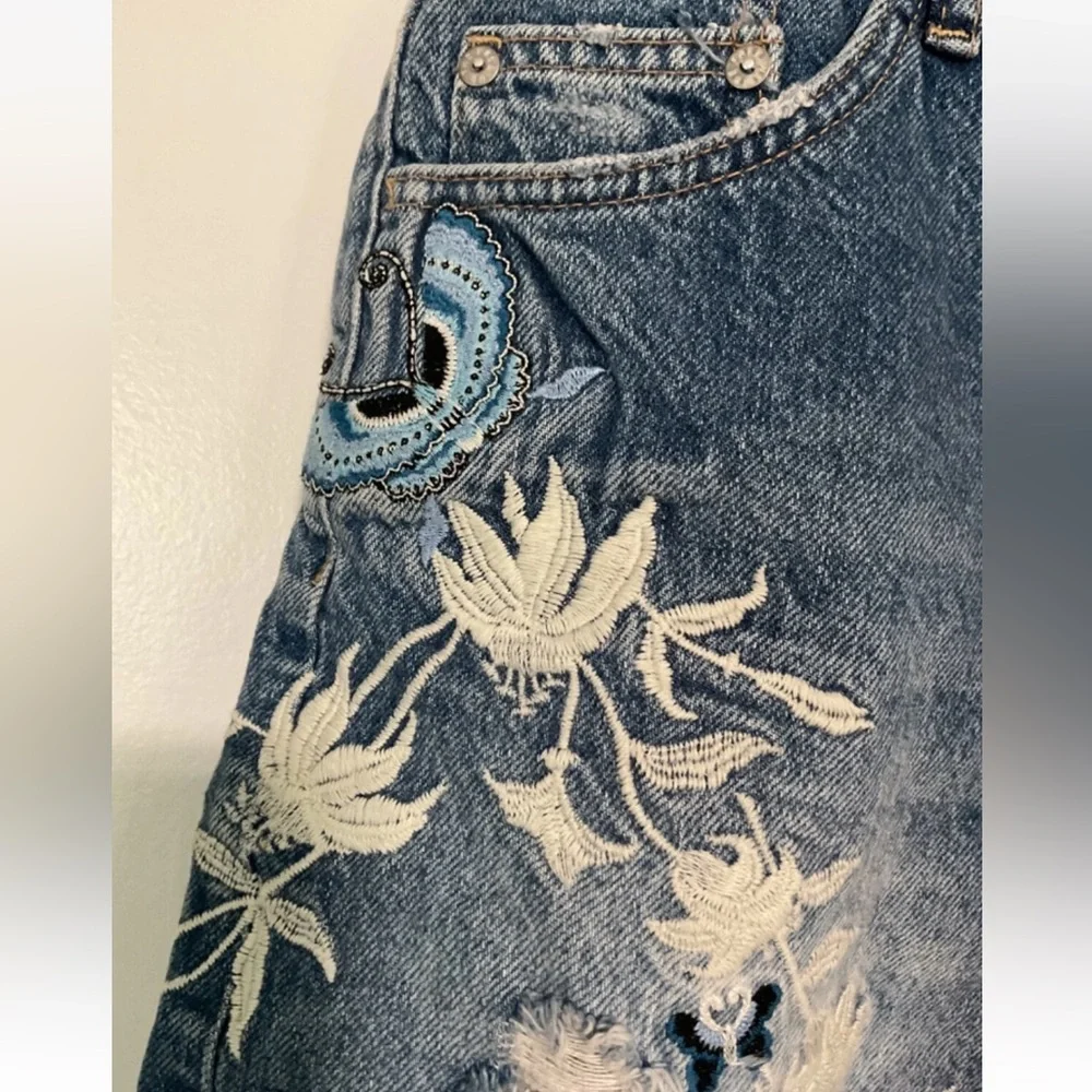 Free People You're My Butterfly Embroidered  Floral Cutoff Denim Shorts